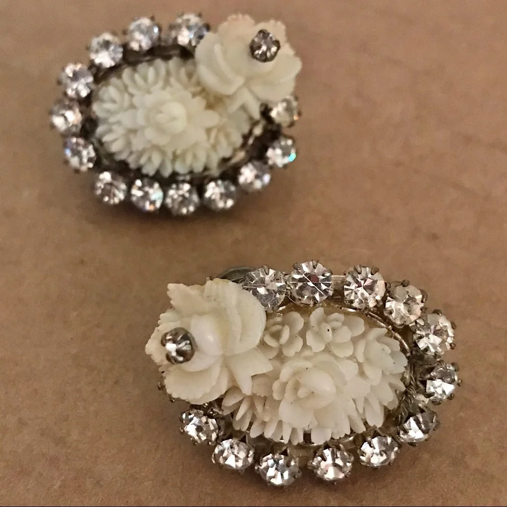 Vintage Miriam Haskell Rhinestone Floral Earrings
